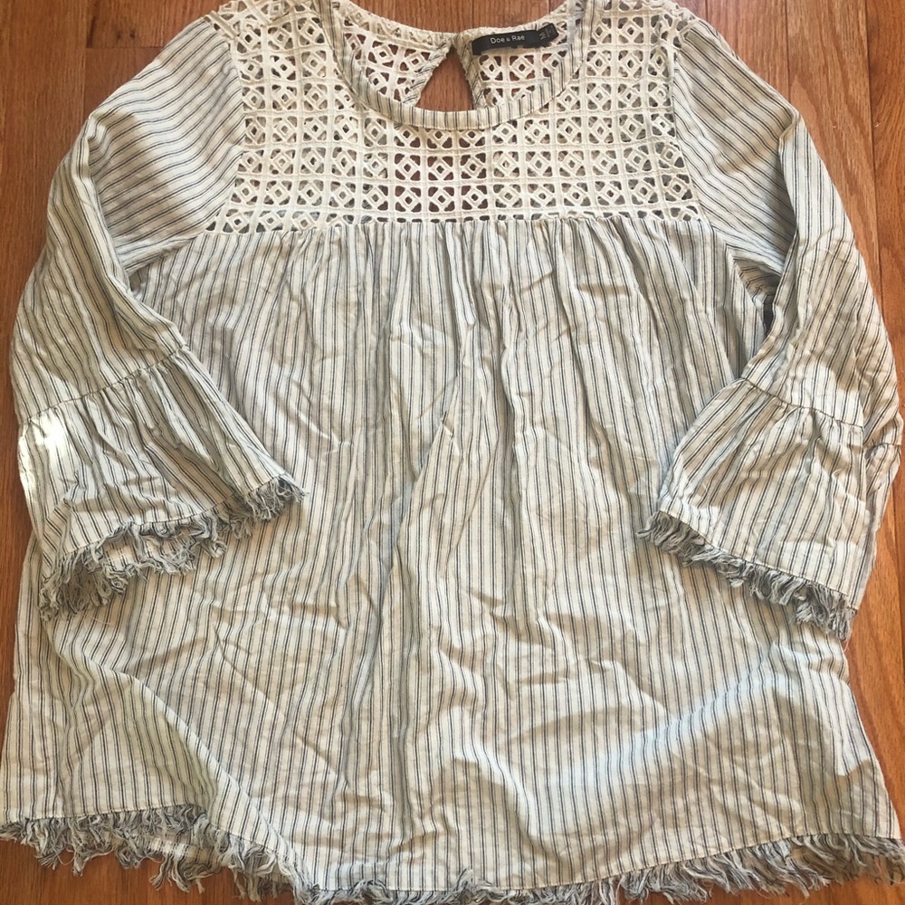 Doe & Rae 100% Cotton 3/4 Sleeve Blue/Cream Top M